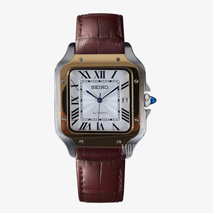 Seiko mod santos square watch with NH35 automatic movement, brown leather strap