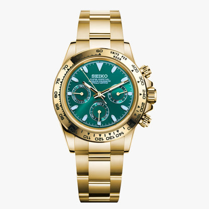 Gold Seiko VK63 Hybrid Mod Daytona with green dial and bracelet