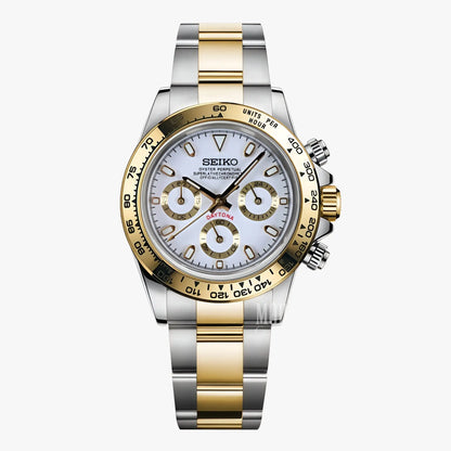 Seiko two-tone chronograph watch with white dial, gold accents, VK63 hybrid movement