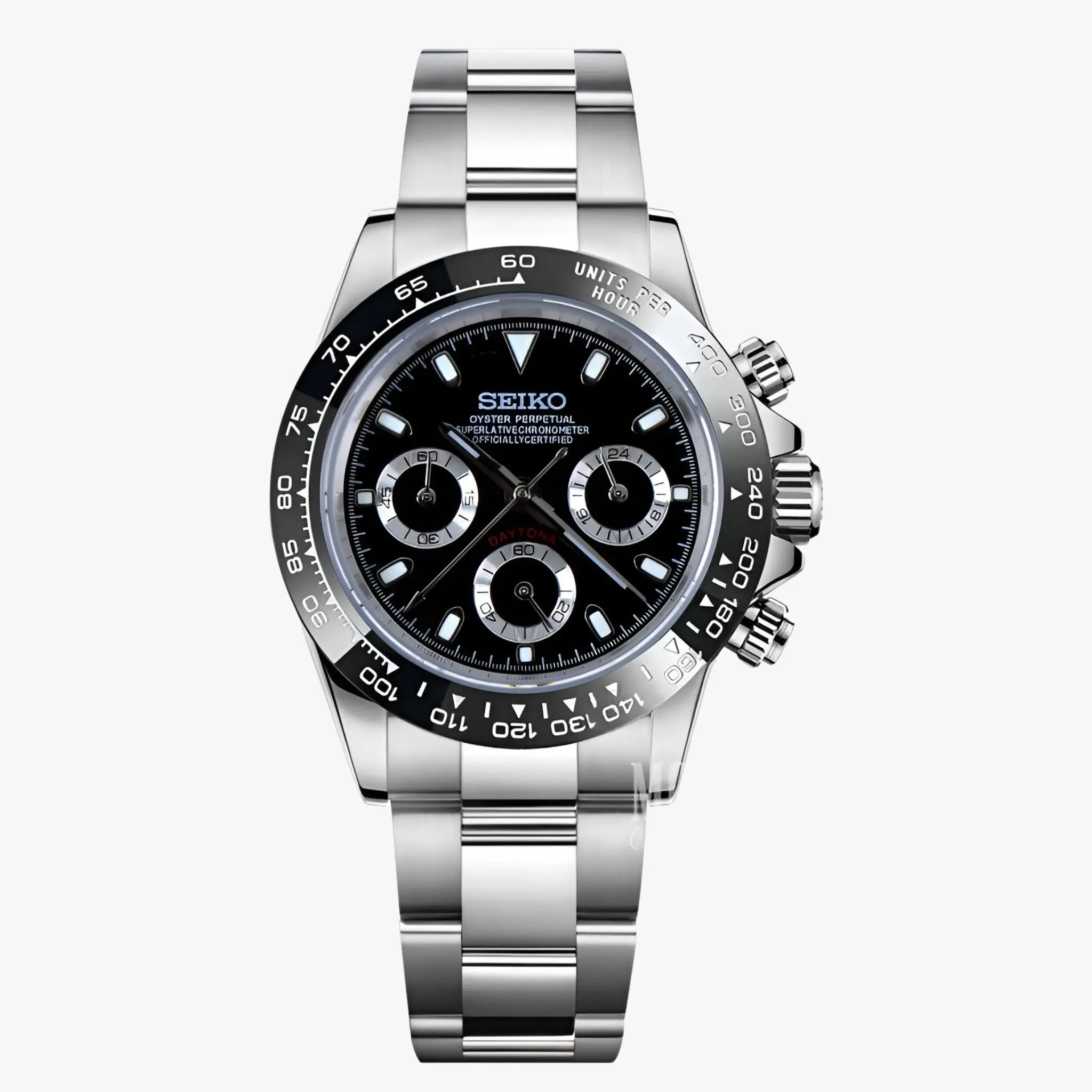 Seiko VK63 hybrid mod Daytona with black dial and silver bracelet