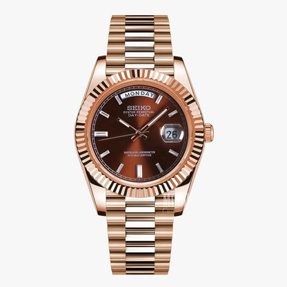 Rose gold Seiko mod watch with brown dial, date display, 316L steel, automatic movement