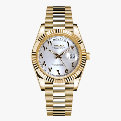 Gold Seiko mod watch with silver dial, Roman numerals, 316L steel case, automatic movement