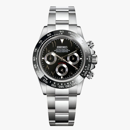 Seiko VK63 hybrid mod Daytona chronograph with black dial and silver bracelet