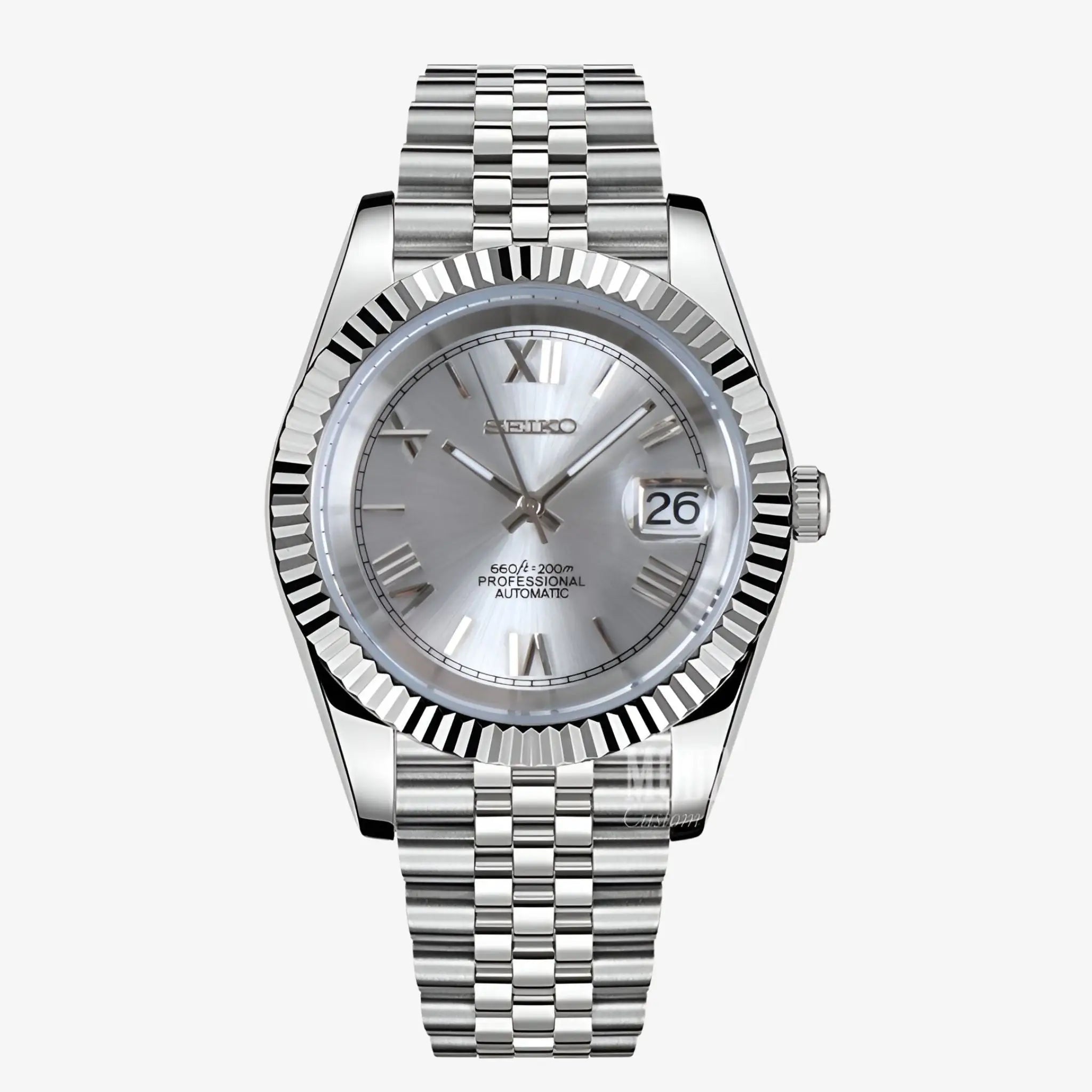 Seiko NH35 automatic mod Datejust with iconic datejust design in silver