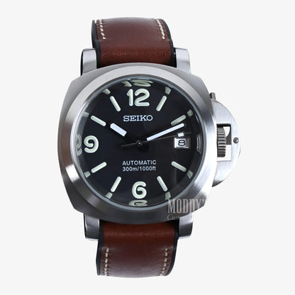Seiko NH35 automatic watch with brown leather strap and black dial