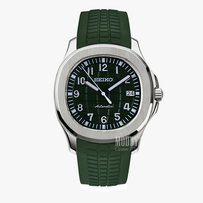 Seiko mod aquanaut watch with green rubber strap, silver case, black dial, Seiko NH35 automatic, sapphire glass
