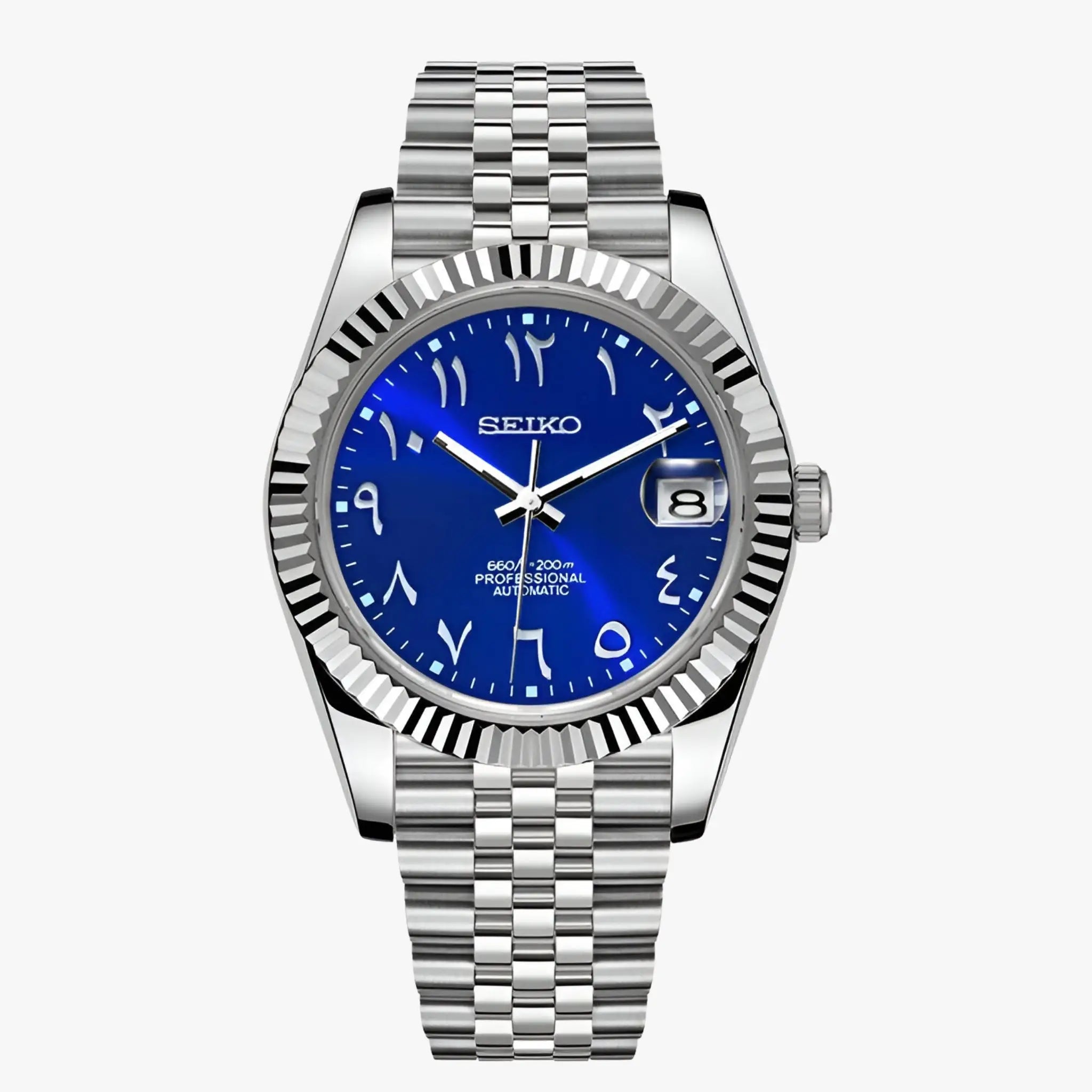 Seiko mod Datejust blue dial watch with NH35 movement, 316L steel
