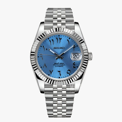 Seiko mod Datejust with ice blue Arabic dial, Seiko NH35 automatic movement, 316L stainless steel