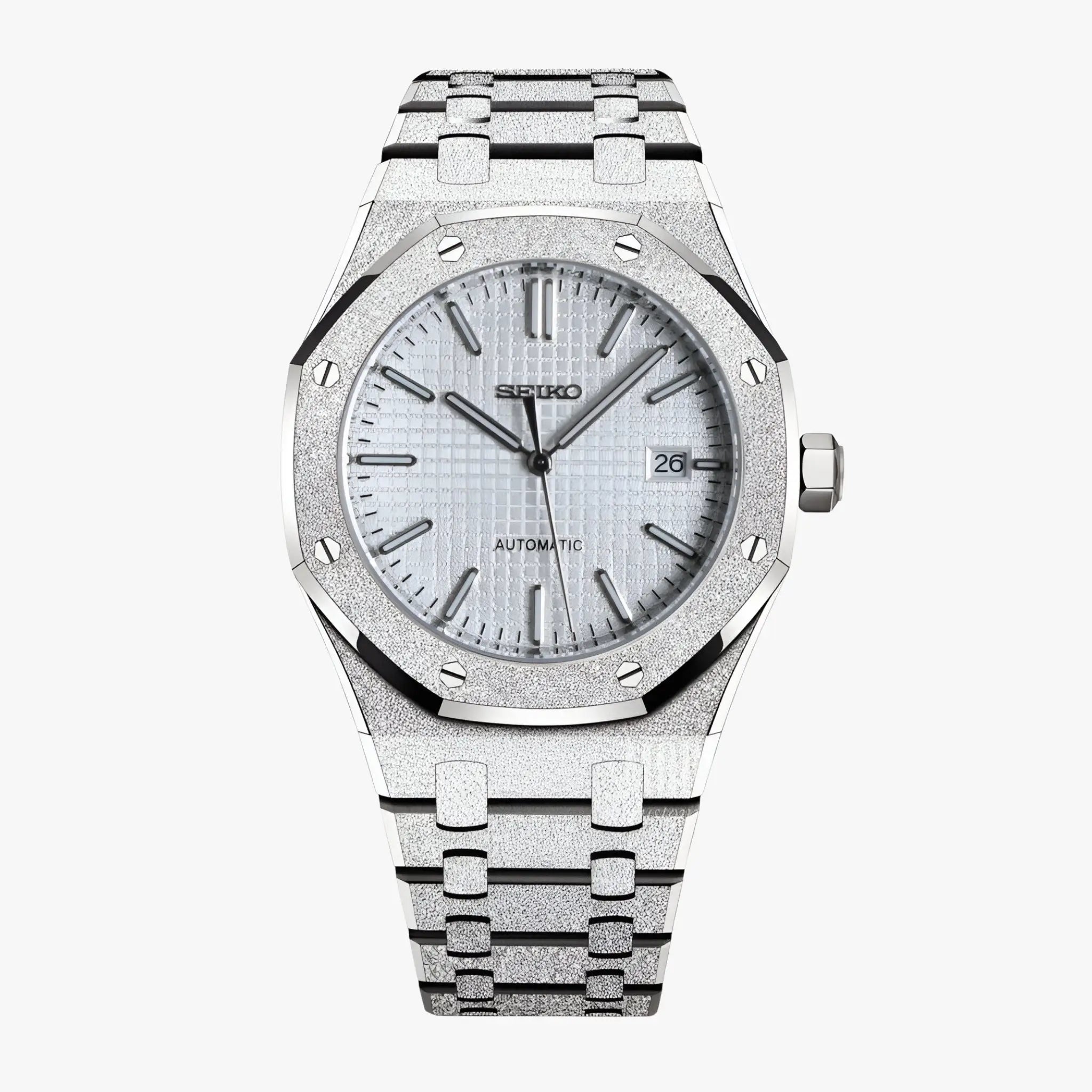 Royal Oak mod Seiko NH35 automatic watch with textured white dial