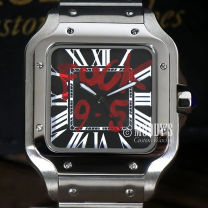 Silver wristwatch with red graffiti featuring Seiko NH35 automatic and Santeiko design