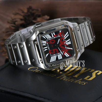 Silver wristwatch with red markings, featuring a Seiko NH35 automatic movement