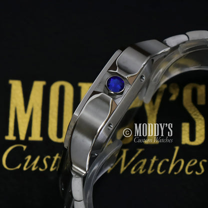 Silver Seiko mod wristwatch with blue jewel in Santeiko Black Fck 9 to 5 design