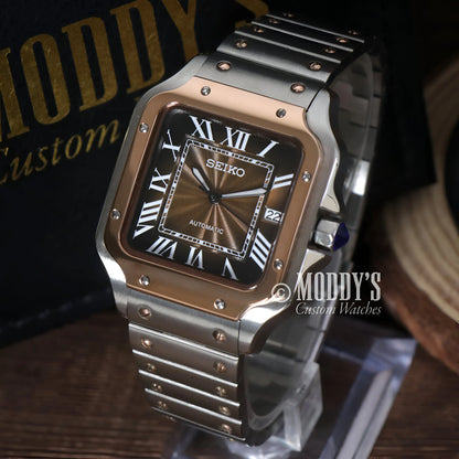 Seiko NH35 automatic mod Santos watch with black dial, gold accents, silver case, sapphire glass