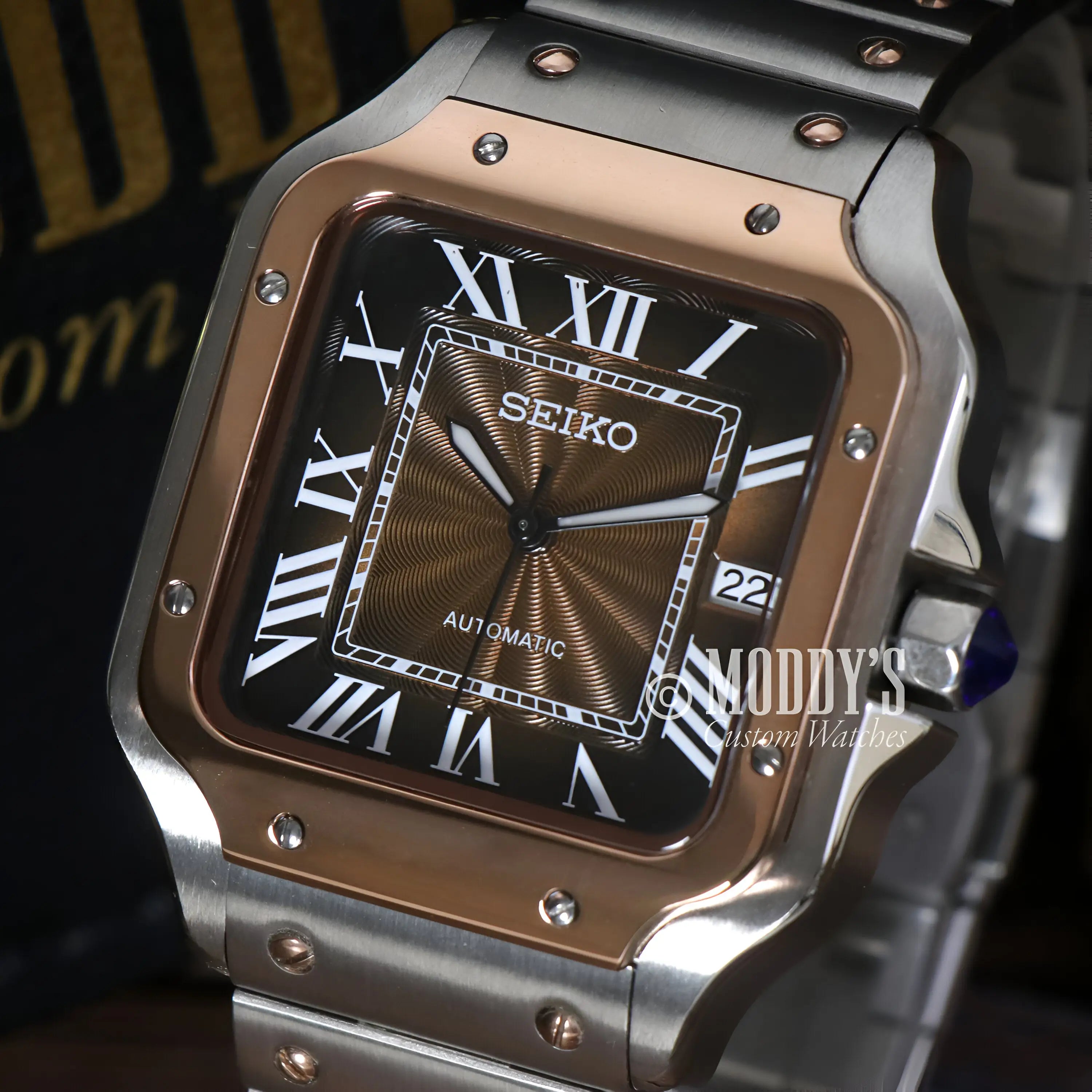 Seiko NH35 automatic mod Santos watch with brown silver face, sapphire glass