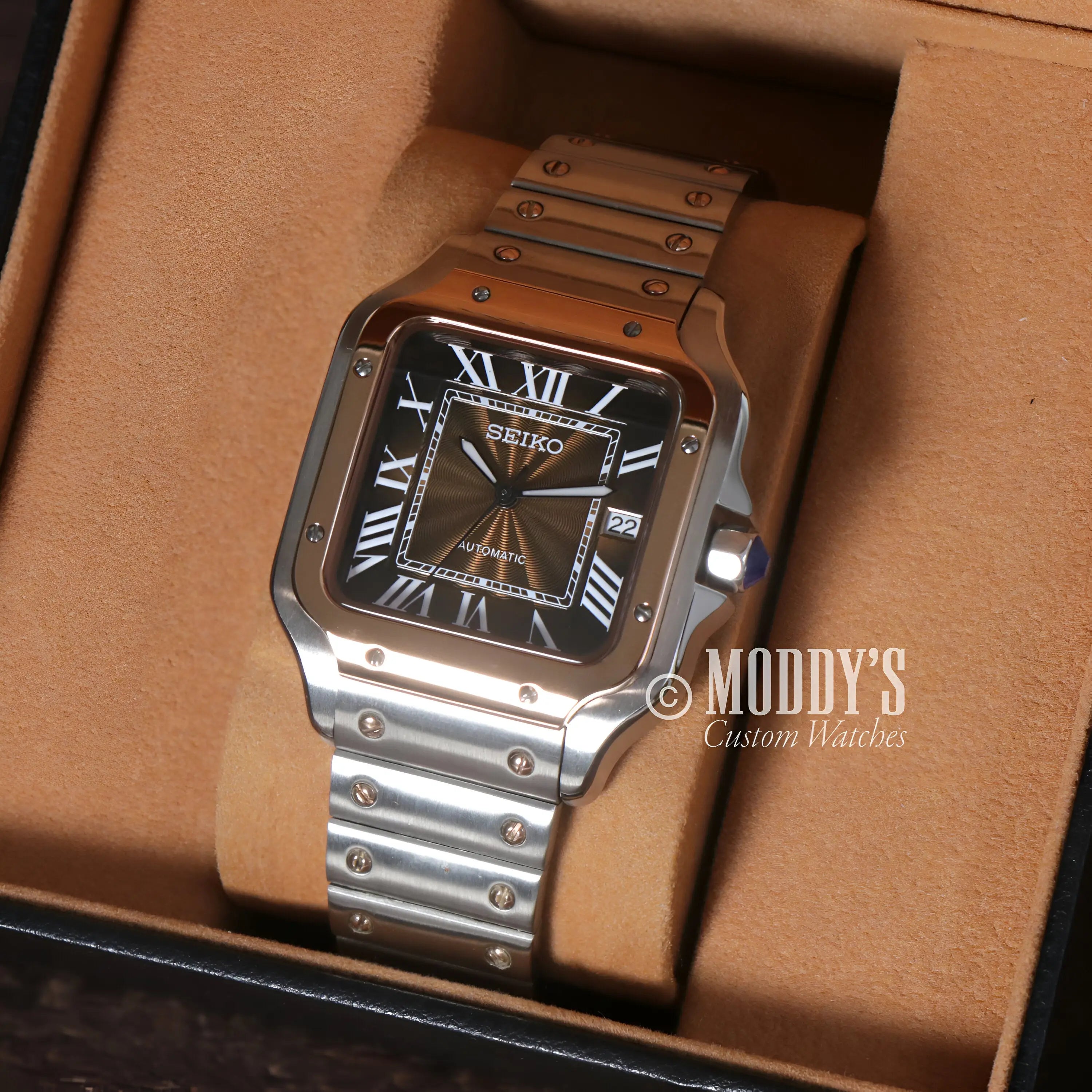 Seiko NH35 automatic mod Santos watch with brown leather strap, sapphire glass