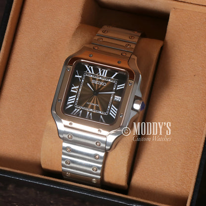 Seiko NH35 automatic mod Santos watch with brown leather strap, sapphire glass