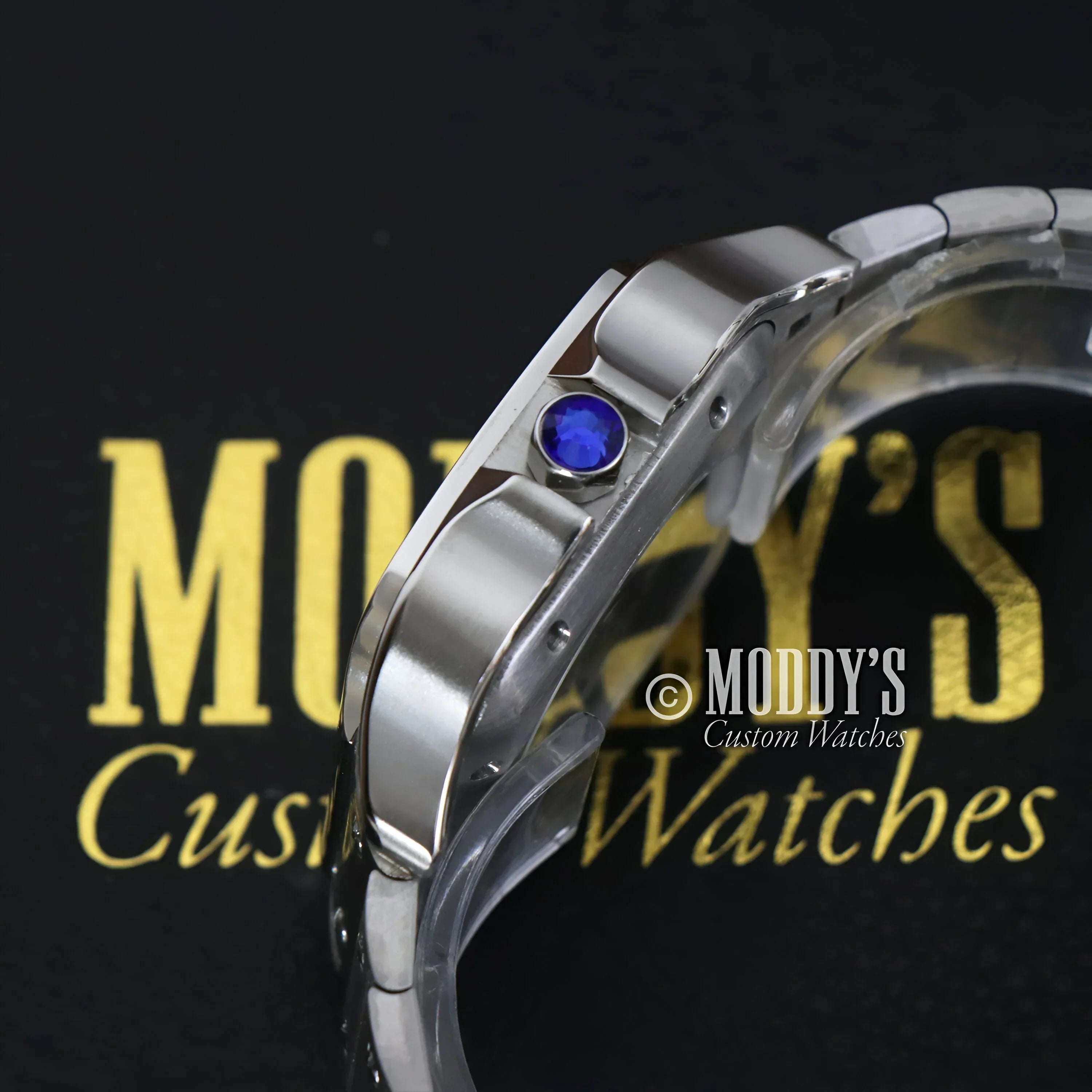 Silver wristwatch with blue jewel, Santeiko Seiko Mod Santos featuring Seiko NH35 automatic
