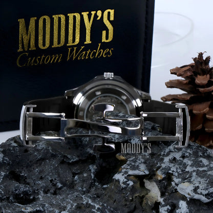 Seiko mod Aquanaut: silver stainless steel watch with black leather strap