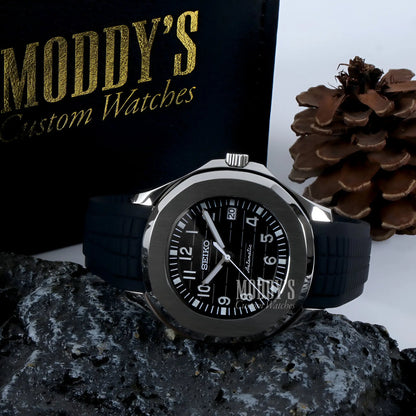 Seiko mod Aquanaut black rubber strap watch with silver accents