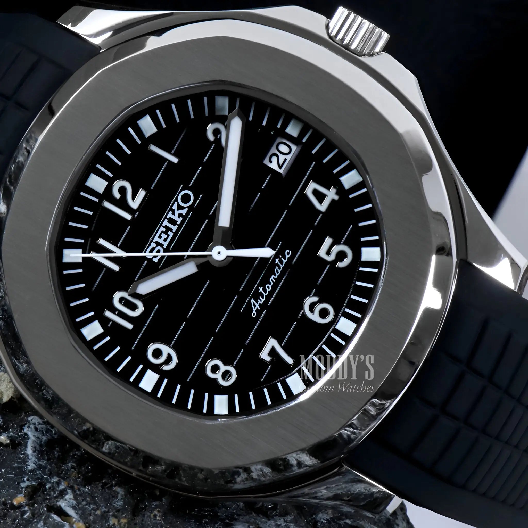 Seiko NH35 automatic mod Aquanaut black rubber watch with silver accents