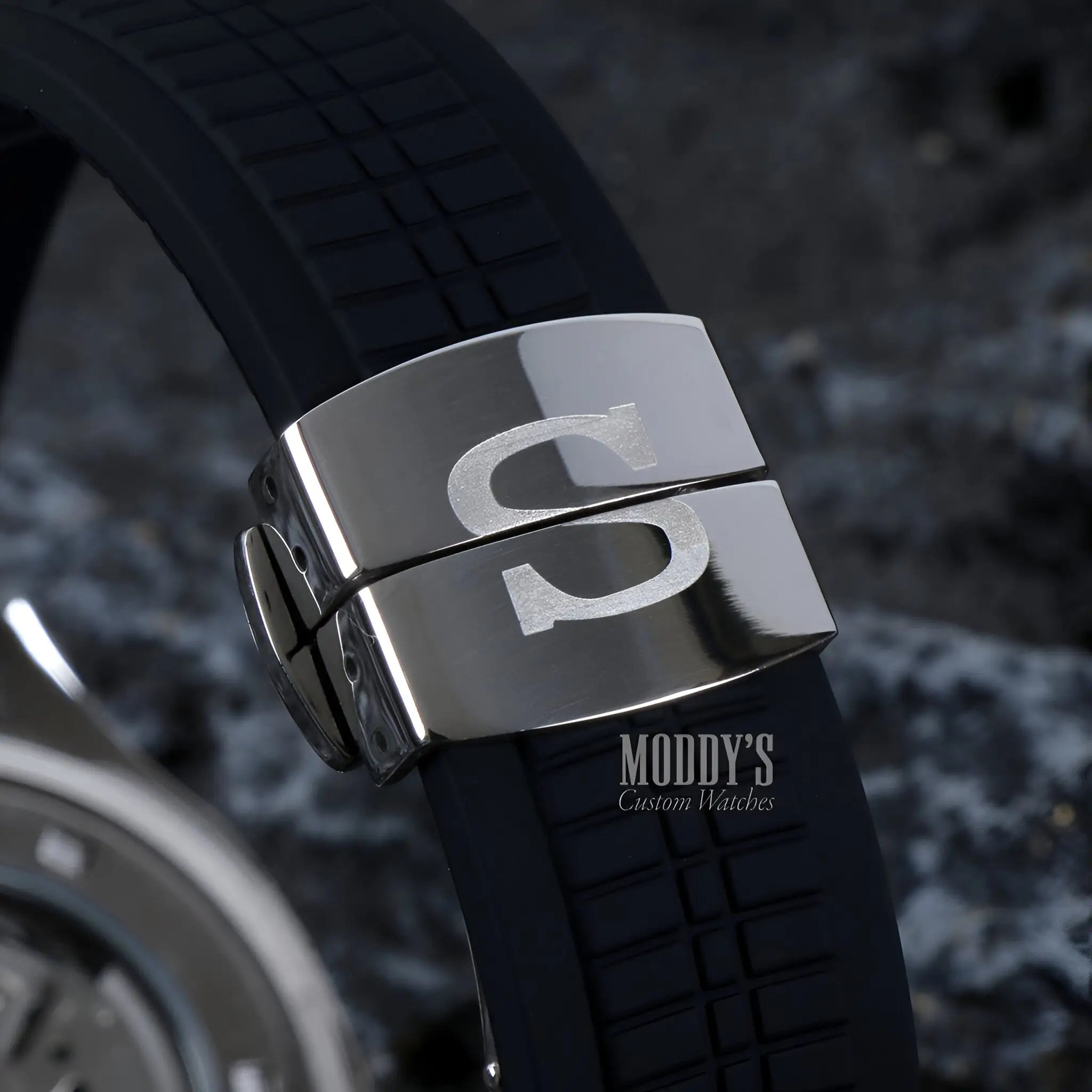 Seiko mod Aquanaut black rubber strap with silver buckle and S monogram