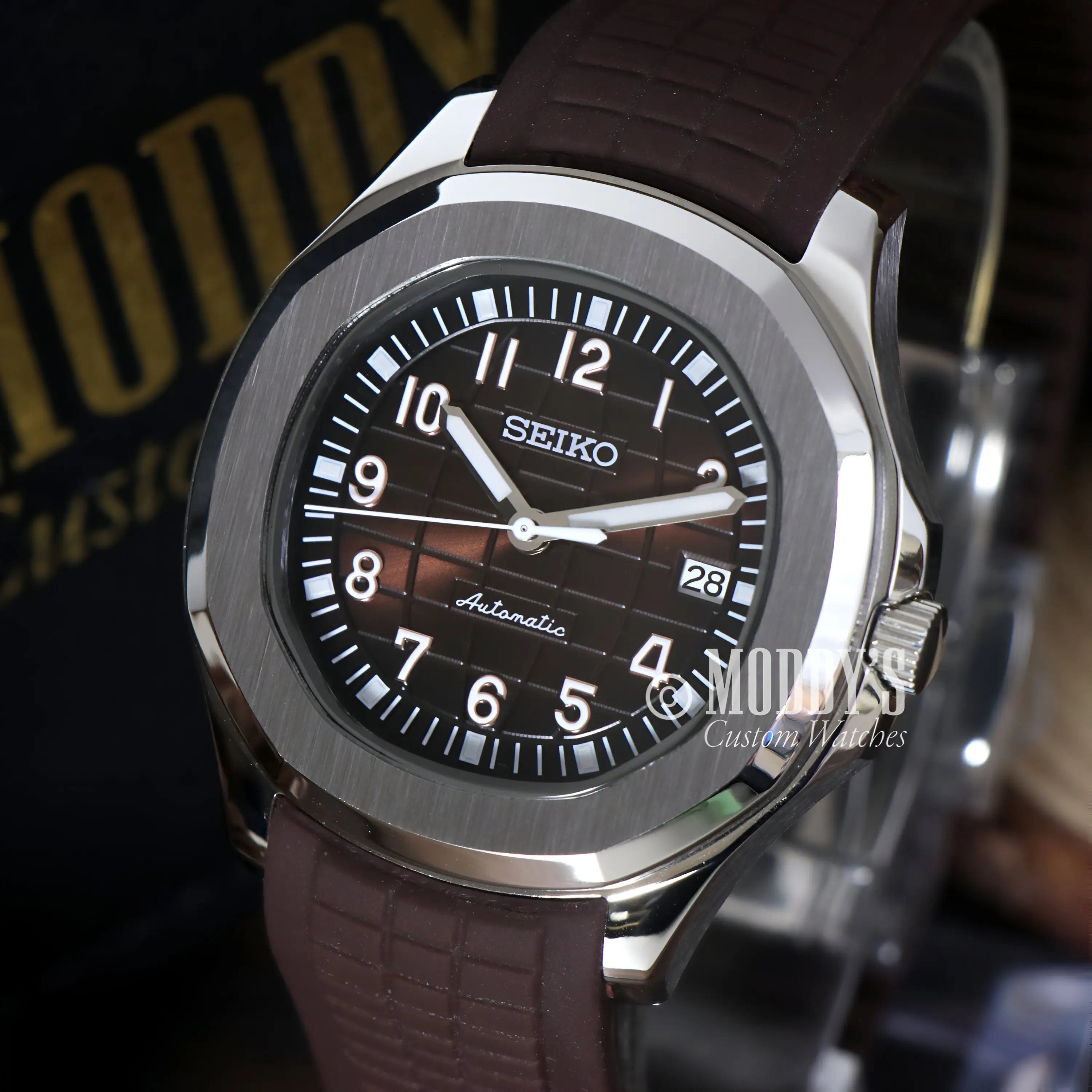 Seiko mod Aquanaut with NH35 automatic movement, brown leather strap, black dial