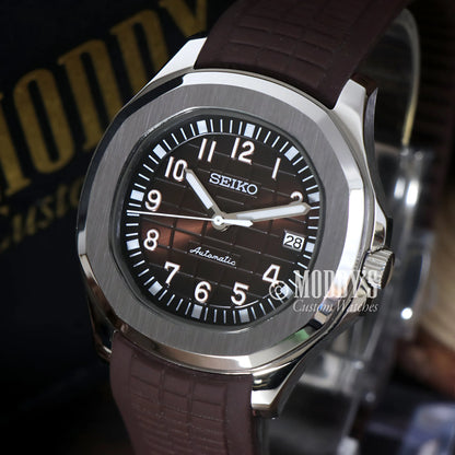 Seiko mod Aquanaut with NH35 automatic movement, brown leather strap, black dial