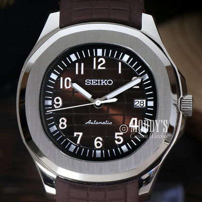 Seiko mod aquanaut watch with brown leather strap and black dial