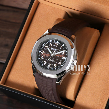 Seiko mod Aquanaut brown leather strap watch with black face