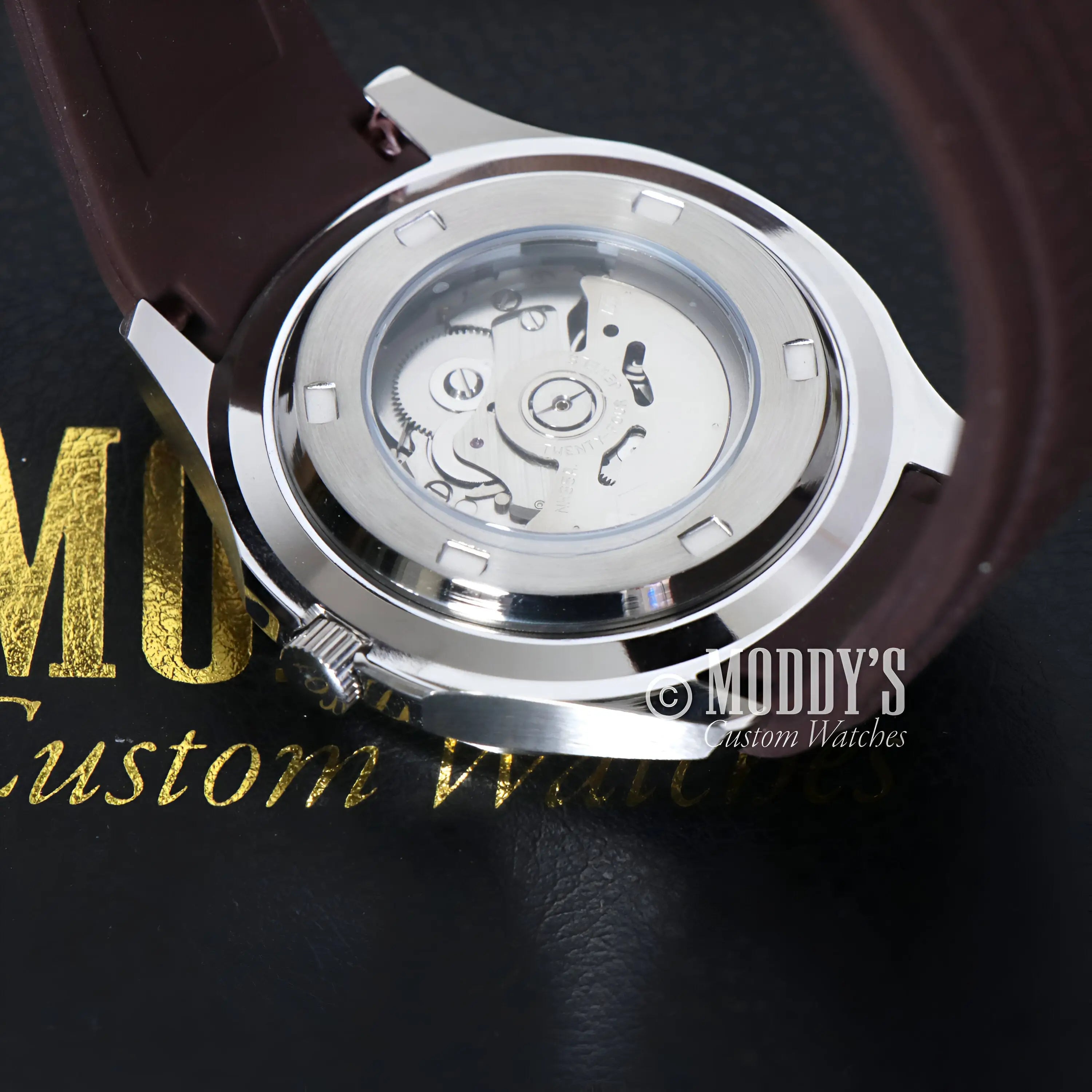 Seiko mod Aquanaut silver watch with brown leather strap and NH35 automatic movement