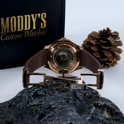 Seiko mod aquanaut rose gold skeleton watch with brown leather strap