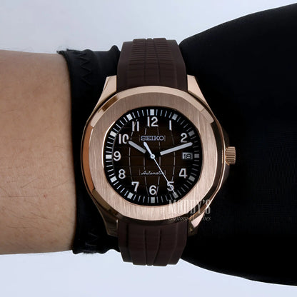 Seiko mod aquanaut brown rubber strap watch with gold accents