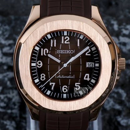 Brown leather Seiko mod Aquanaut watch with rose gold case, black dial, NH35 automatic movement