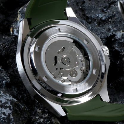 Seiko mod Aquanaut green rubber watch with silver case, Seiko NH35 automatic, sapphire glass