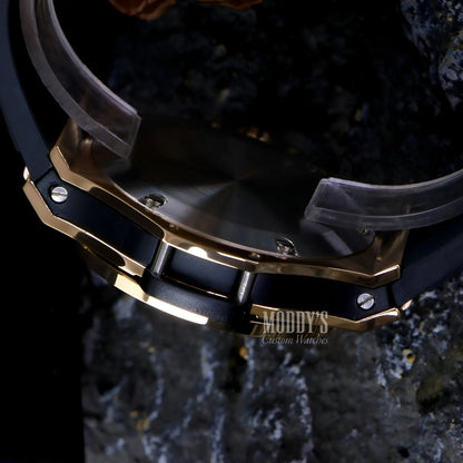 Hubleiko Big Bang Rose Gold watch with gold black textured strap