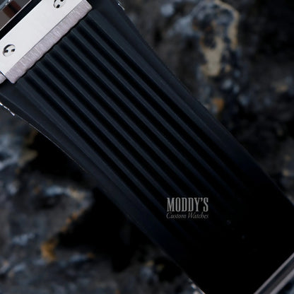 Hubleiko Big Bang Black watch with black textured band, silver buckle, engraving, VK63 hybrid movement, Seiko mod, iconic Big Bang