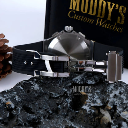 Hubleiko Big Bang Black silver stainless steel watch with black leather strap and VK63 hybrid movement