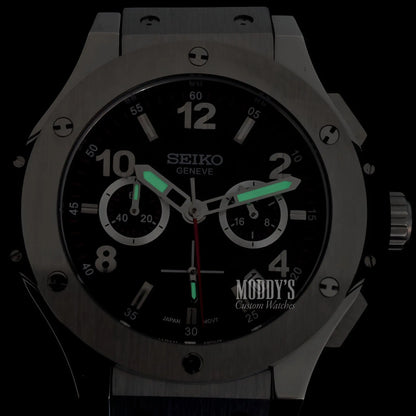 Hubleiko Big Bang Black Seiko mod chronograph with black dial and silver case