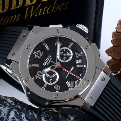 Hubleiko Big Bang Black silver chronograph with black face, rubber strap, vk63 hybrid movement, seiko mod, iconic big bang design