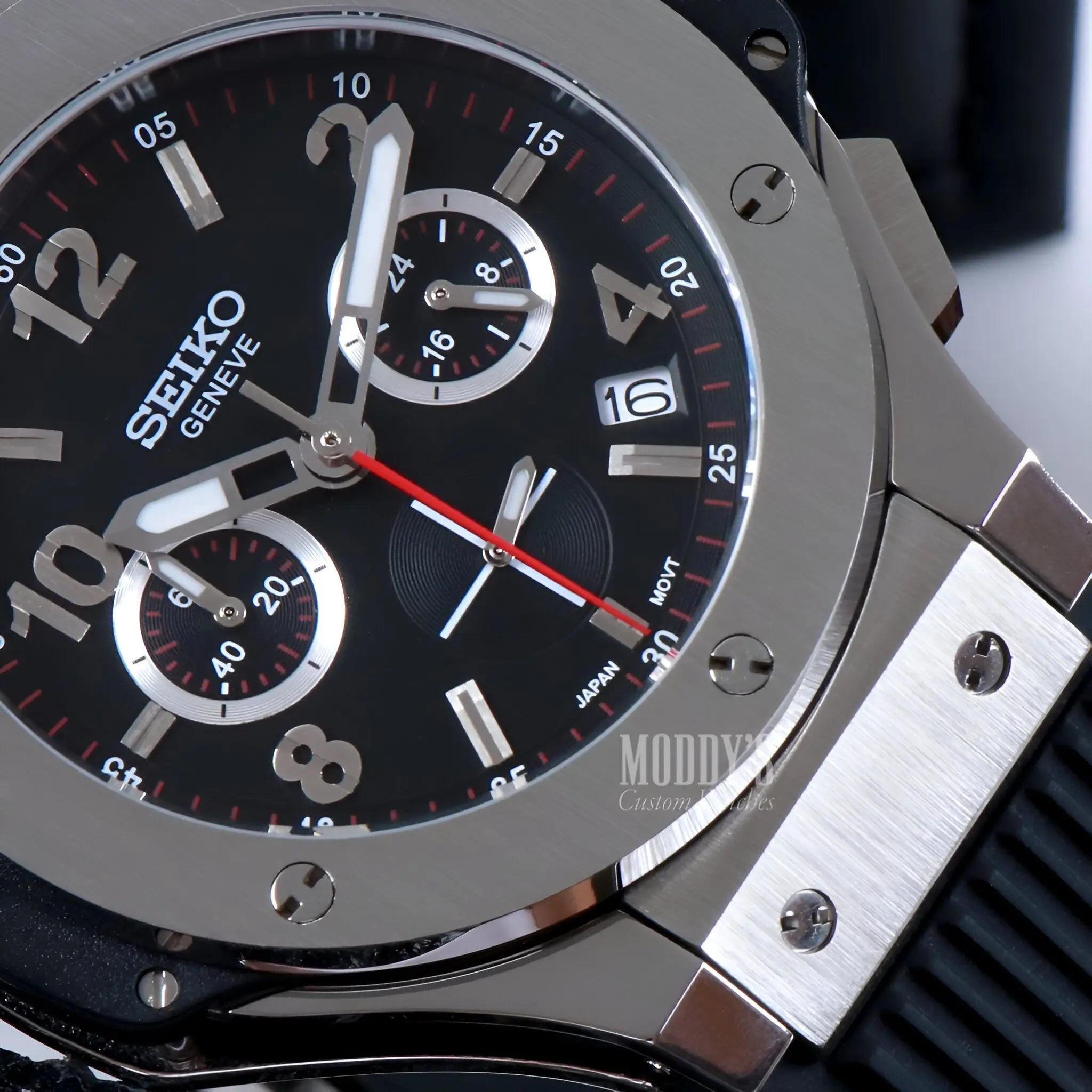 Hubleiko Big Bang Black Seiko mod chronograph with black dial and red second hand