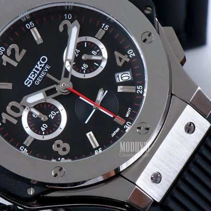 Hubleiko Big Bang Black Seiko mod chronograph with black dial and red second hand