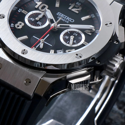 Hubleiko Big Bang Black Seiko mod chronograph with black dial, silver accents, vk63 hybrid movement
