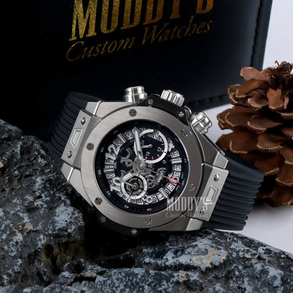 Hublot Big Bang Skeleton silver chronograph watch with black face