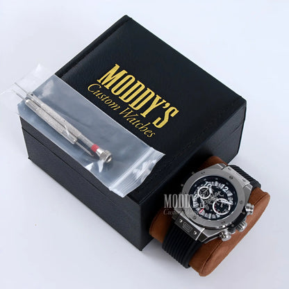 Hubleiko Big Bang Skeleton black chronograph watch with brown leather strap