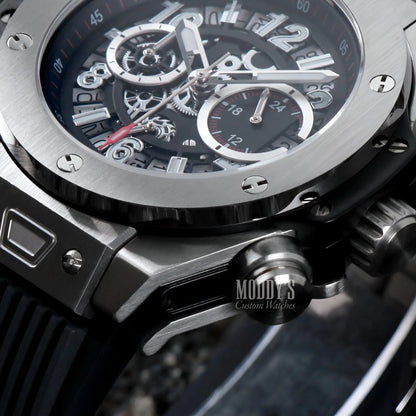 Luxury Hubleiko Big Bang Skeleton silver chronograph with black dial