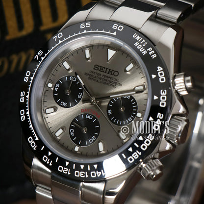 Seiko VK63 hybrid mod Daytona watch with silver dial and stainless steel 316L bracelet