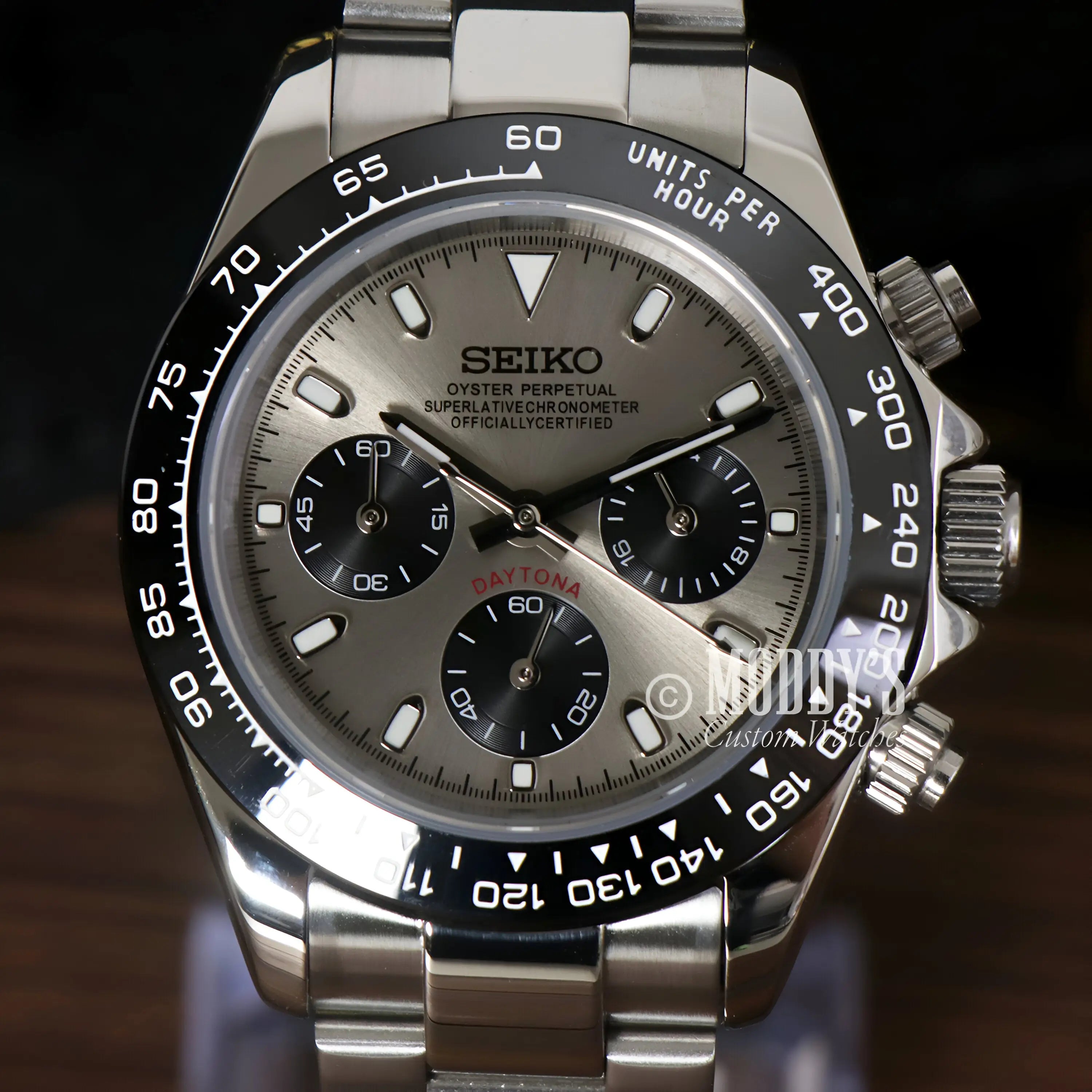 Seiko mod Daytona VK63 hybrid watch with silver dial and stainless steel 316L