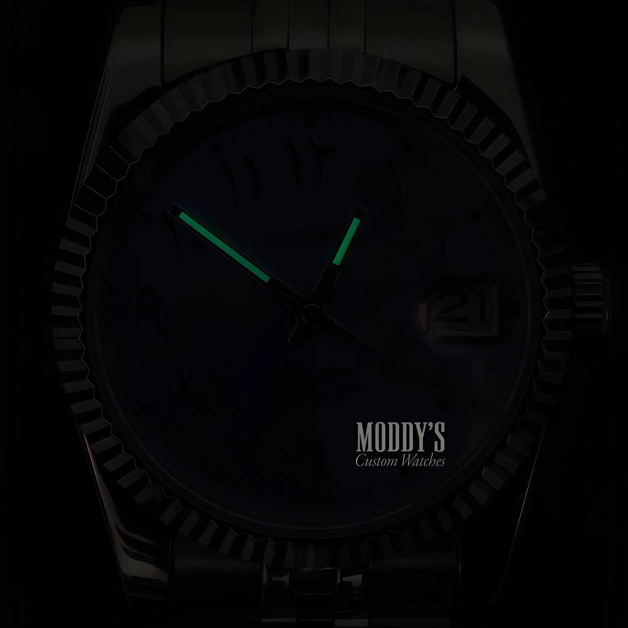 Seiko mod Datejust with NH35 automatic, 904L steel, green luminous hands