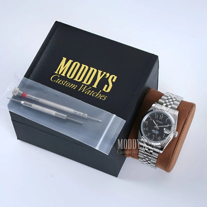 Seiko mod Datejust black Arabic watch with 904L stainless steel band