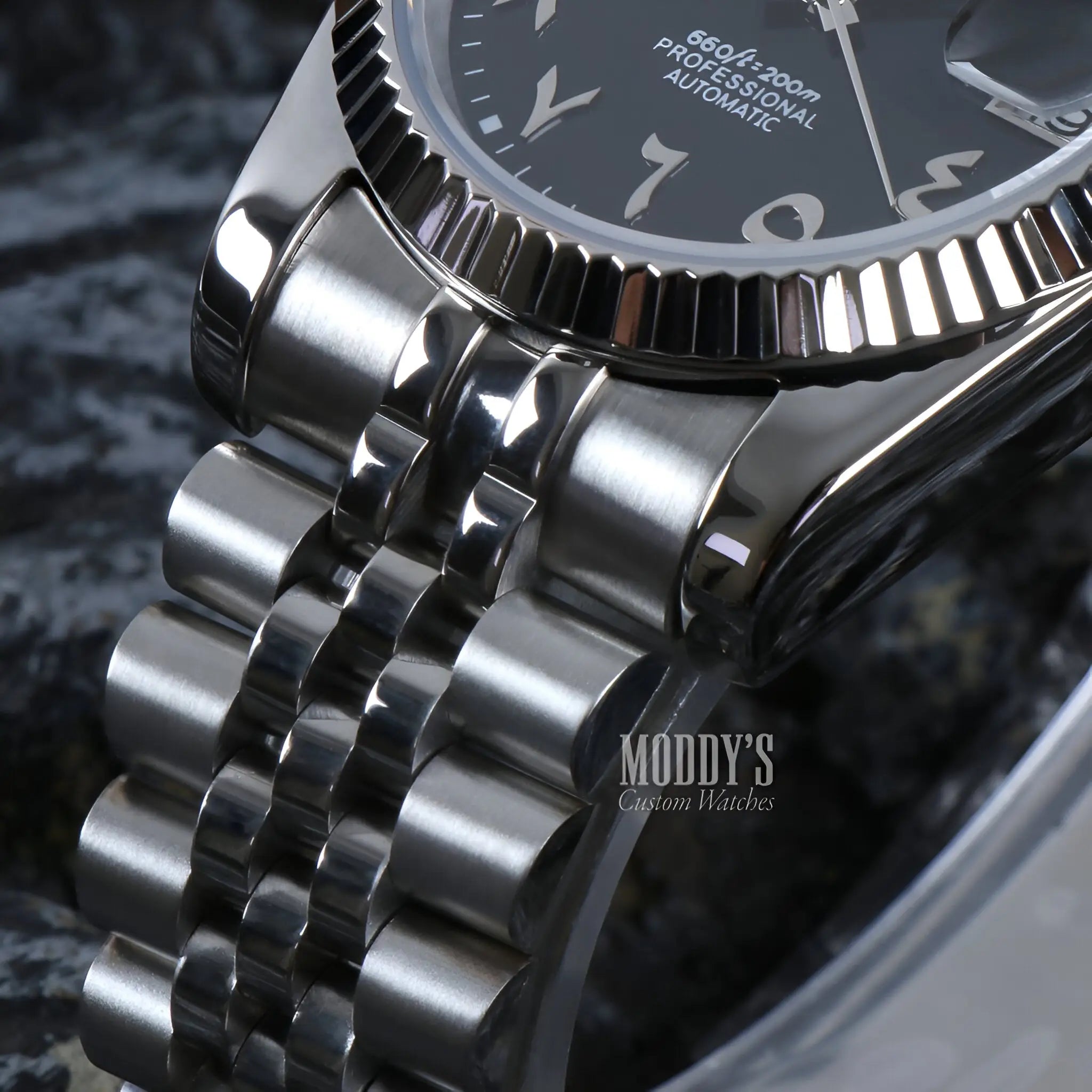 Seiko mod Datejust black dial watch with NH35 automatic 904L steel bracelet